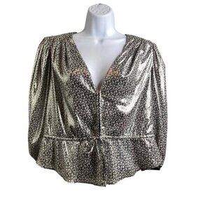 Free People Women's Metallic Silver Floral Peplum‎ Blouse Size S Moto Boho Glam